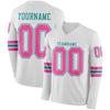 Custom Hockey Jersey – Triple Stripes White Pink Teal Long Sleeve – front and back view
