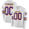 Custom Hockey Jersey – Triple Stripes White Purple Gold Long Sleeve – front and back view