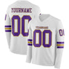 Custom Hockey Jersey – Triple Stripes White Purple Old Gold Long Sleeve – front and back view