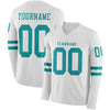 Custom Hockey Jersey – Triple Stripes White Teal Long Sleeve – front and back view