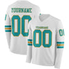 Custom Hockey Jersey – Triple Stripes White Teal Old Gold Long Sleeve – front and back view