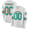 Custom Hockey Jersey – Triple Stripes White Aqua Orange Long Sleeve – front and back view