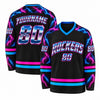 Custom Black - Neon Pink - Electric Blue Neon Lightning 80s Rock Hockey Jersey – front and back view