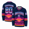 Custom Navy - Pink - Orange Synthwave Sunset 80s Rock Hockey Jersey – front and back view