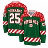 Custom Green - Red - White Candy Cane Christmas Hockey Goalie Jersey – front and back view