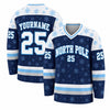 Custom Navy - White - Ice Blue Snowflake Christmas Hockey Goalie Jersey – front and back view