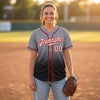 Custom Gray - White - Black - Red Fade Baseball Jersey – worn by a woman