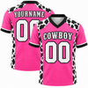 Custom Hot Pink - Black - White Cowhide Print Pink Cowboy Football Jersey – front and back view