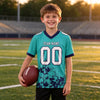 Custom Aqua - White - Navy Graphic Splash Pattern Football Jersey – youth size worn by a kid
