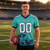 Custom Aqua - White - Navy Graphic Splash Pattern Football Jersey – worn by a man