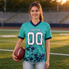Custom Aqua - White - Navy Graphic Splash Pattern Football Jersey – worn by a woman