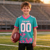 Custom Aqua - White - Pink Graphic Splash Pattern Football Jersey – youth size worn by a kid