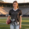 Custom Black - Silver Graphic Splash Pattern Football Jersey – worn by a woman