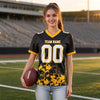 Custom Black - White - Gold Graphic Splash Pattern Football Jersey – worn by a woman