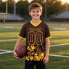 Custom Brown - Gold Graphic Splash Pattern Football Jersey – youth size worn by a kid