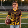 Custom Brown - Gold Graphic Splash Pattern Football Jersey – worn by a woman