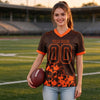 Custom Brown - Orange Graphic Splash Pattern Football Jersey – worn by a woman