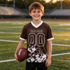 Custom Brown - White Graphic Splash Pattern Football Jersey – youth size worn by a kid