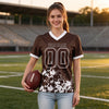 Custom Brown - White Graphic Splash Pattern Football Jersey – worn by a woman