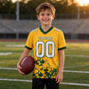 Custom Gold - White - Green Graphic Splash Pattern Football Jersey – youth size worn by a kid