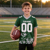 Custom Green - White - Gray Graphic Splash Pattern Football Jersey – youth size worn by a kid