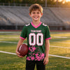 Custom Green - White - Pink Graphic Splash Pattern Football Jersey – youth size worn by a kid