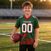 Custom Green - White - Red Graphic Splash Pattern Football Jersey – youth size worn by a kid