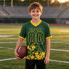 Custom Green - Yellow Graphic Splash Pattern Football Jersey – youth size worn by a kid
