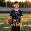 Custom Navy - Gold Graphic Splash Pattern Football Jersey – youth size worn by a kid