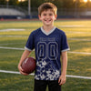 Custom Navy - Gray Graphic Splash Pattern Football Jersey – youth size worn by a kid