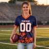 Custom Navy - White - Orange Graphic Splash Pattern Football Jersey – worn by a woman
