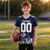 Custom Navy - White - Silver Graphic Splash Pattern Football Jersey – youth size worn by a kid