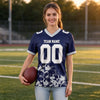 Custom Navy - White - Silver Graphic Splash Pattern Football Jersey – worn by a woman