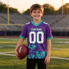 Custom Purple - White - Aqua Graphic Splash Pattern Football Jersey – youth size worn by a kid