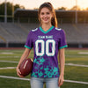 Custom Purple - White - Aqua Graphic Splash Pattern Football Jersey – worn by a woman