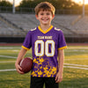 Custom Purple - White - Gold Graphic Splash Pattern Football Jersey – youth size worn by a kid