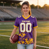 Custom Purple - White - Gold Graphic Splash Pattern Football Jersey – worn by a woman