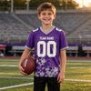 Custom Purple - White - Gray Graphic Splash Pattern Football Jersey – youth size worn by a kid
