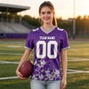 Custom Purple - White - Gray Graphic Splash Pattern Football Jersey – worn by a woman
