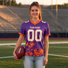 Custom Purple - White - Orange Graphic Splash Pattern Football Jersey – worn by a woman