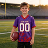 Custom Purple - White - Red Graphic Splash Pattern Football Jersey – youth size worn by a kid