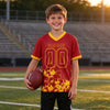 Custom Red - Gold Graphic Splash Pattern Football Jersey – youth size worn by a kid