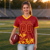 Custom Red - Gold Graphic Splash Pattern Football Jersey – worn by a woman