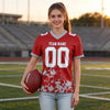 Custom Red - White - Gray Graphic Splash Pattern Football Jersey – worn by a woman