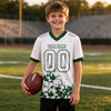 Custom White - Green Graphic Splash Pattern Football Jersey – youth size worn by a kid