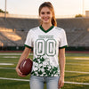 Custom White - Green Graphic Splash Pattern Football Jersey – worn by a woman