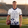 Custom White - Navy Graphic Splash Pattern Football Jersey – worn by a man