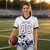 Custom White - Navy Graphic Splash Pattern Football Jersey – worn by a woman