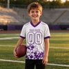 Custom White - Purple Graphic Splash Pattern Football Jersey – youth size worn by a kid