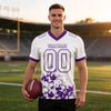 Custom White - Purple Graphic Splash Pattern Football Jersey – worn by a man